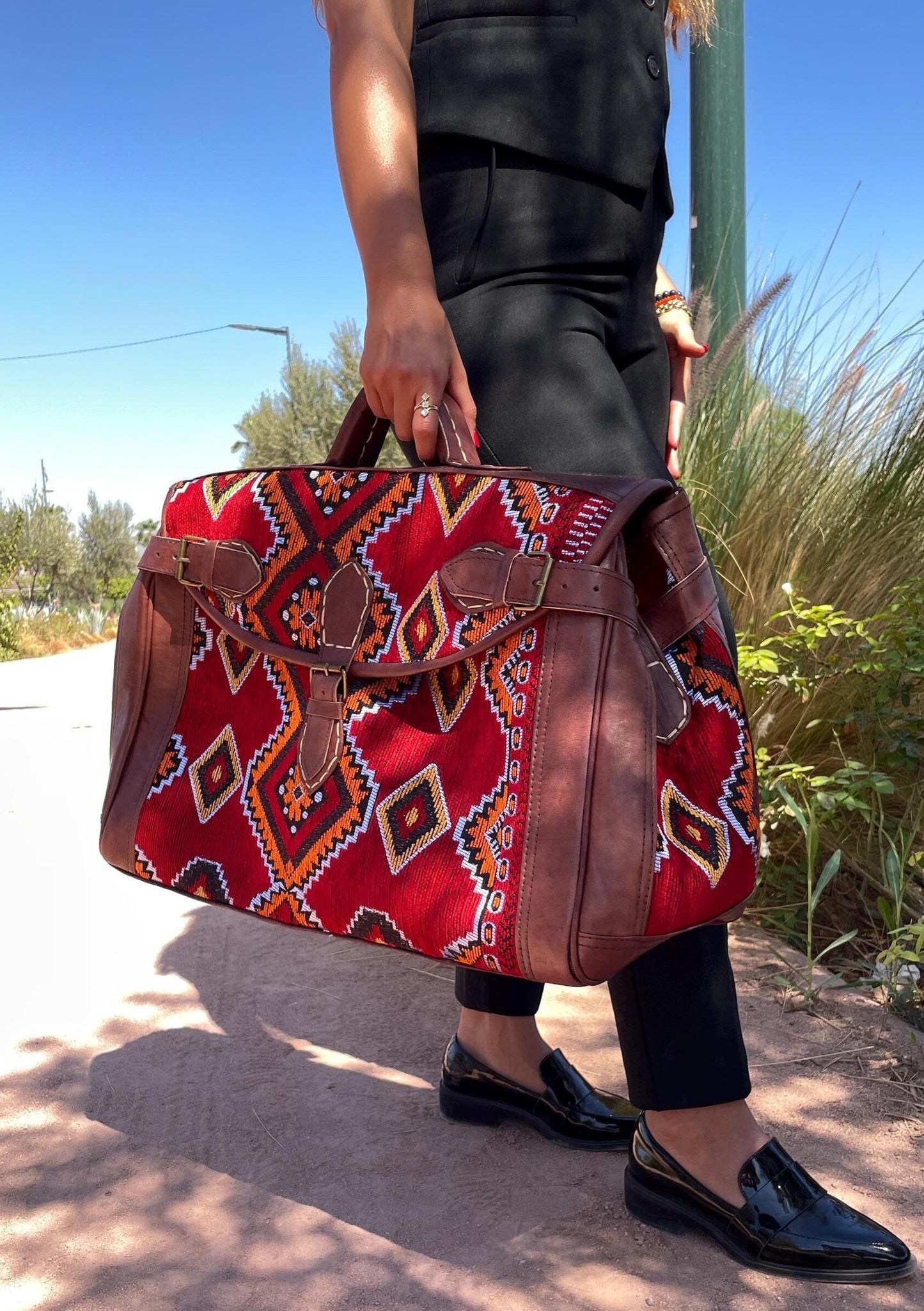 Moroccan Leather Kilim duffle Bag, Black Kilim duffle travel bag, Leather duffle bag, Unisex Kilim Weekender Bag, hipster duffle travel bag