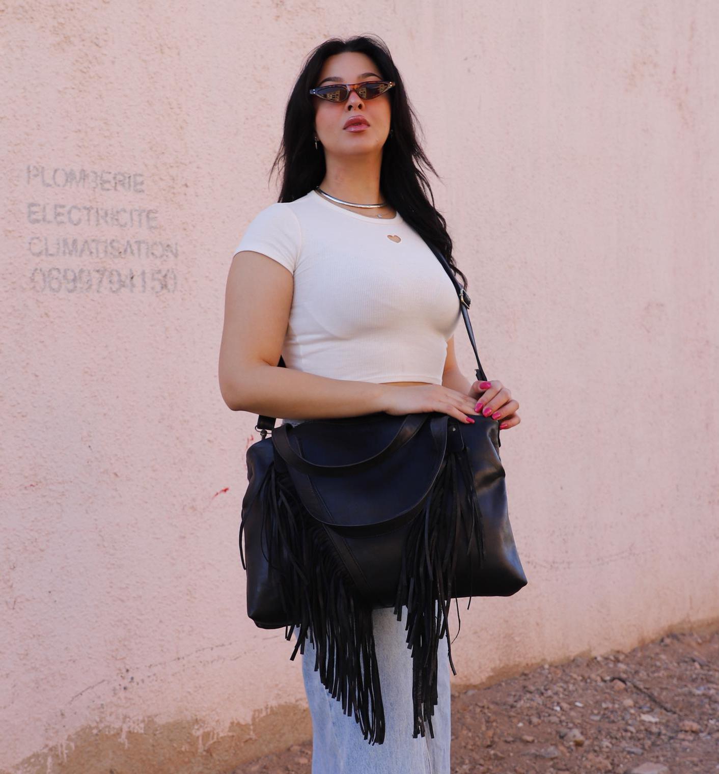 Black Fringe western purse, black Leather Fringe purse, Moroccan black Fringed tote bag, black Boho cowgirl bag, black fringr boho crossbody
