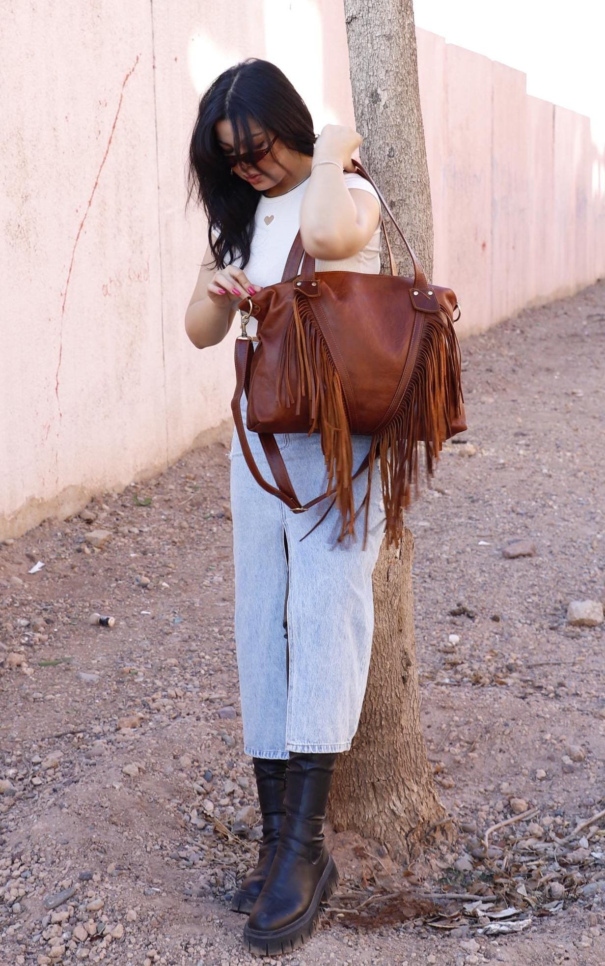 Fringed tote bag, Moroccan Leather Fringe purse, Fringe western purse, Boho cowgirl bag, fringe boho crossbody bag, leather handbag fringe