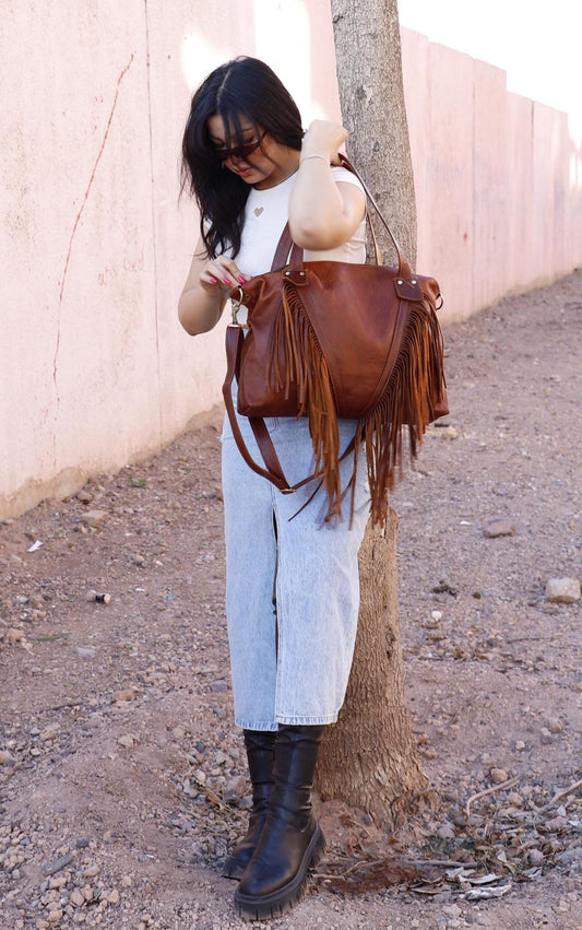 Fringed tote bag, Moroccan Leather Fringe purse, Fringe western purse, Boho cowgirl bag, fringe boho crossbody bag, leather handbag fringe