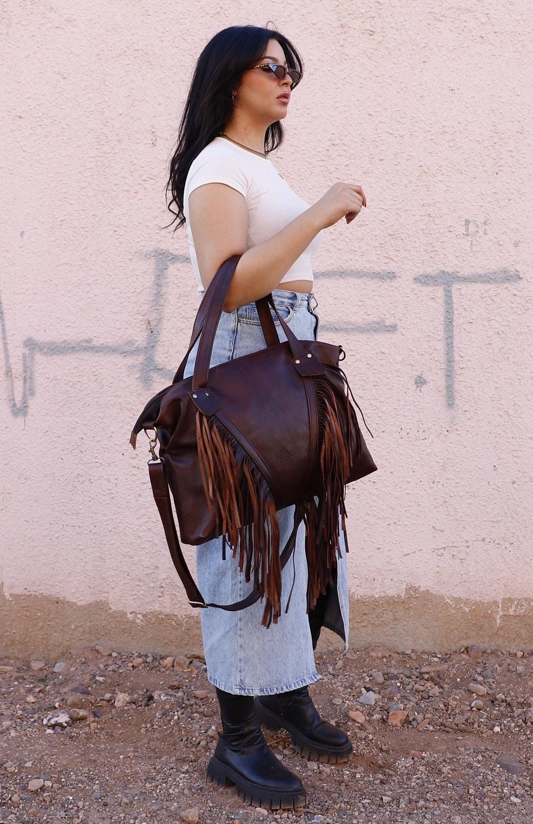 Black Fringe Tote Bag | Leather Fringe Purse | Fringe Western Purse | Boho Cowgirl Bag | Fringe Boho Crossbody Bag | Leather bag with Fringe