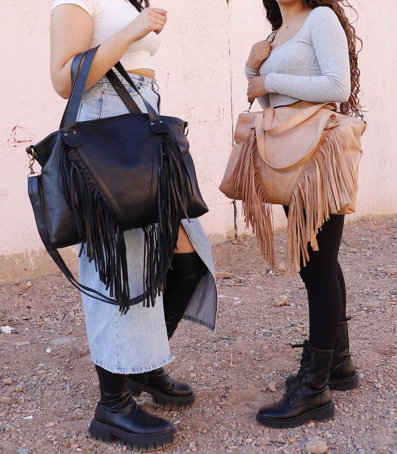 Black Fringe Tote Bag | Leather Fringe Purse | Fringe Western Purse | Boho Cowgirl Bag | Fringe Boho Crossbody Bag | Leather bag with Fringe