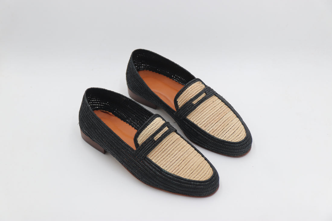 Detail shot of handwoven raffia Oxford shoe broguing pattern