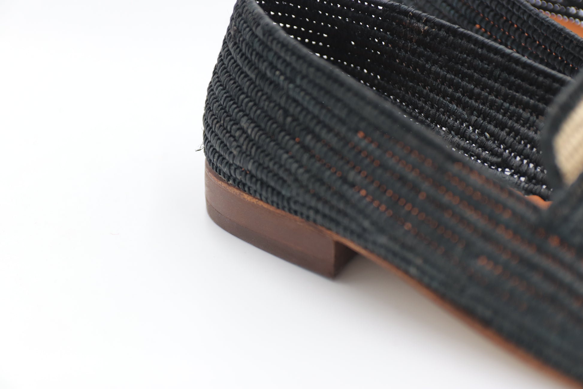Detail shot of handwoven raffia Oxford shoe broguing pattern